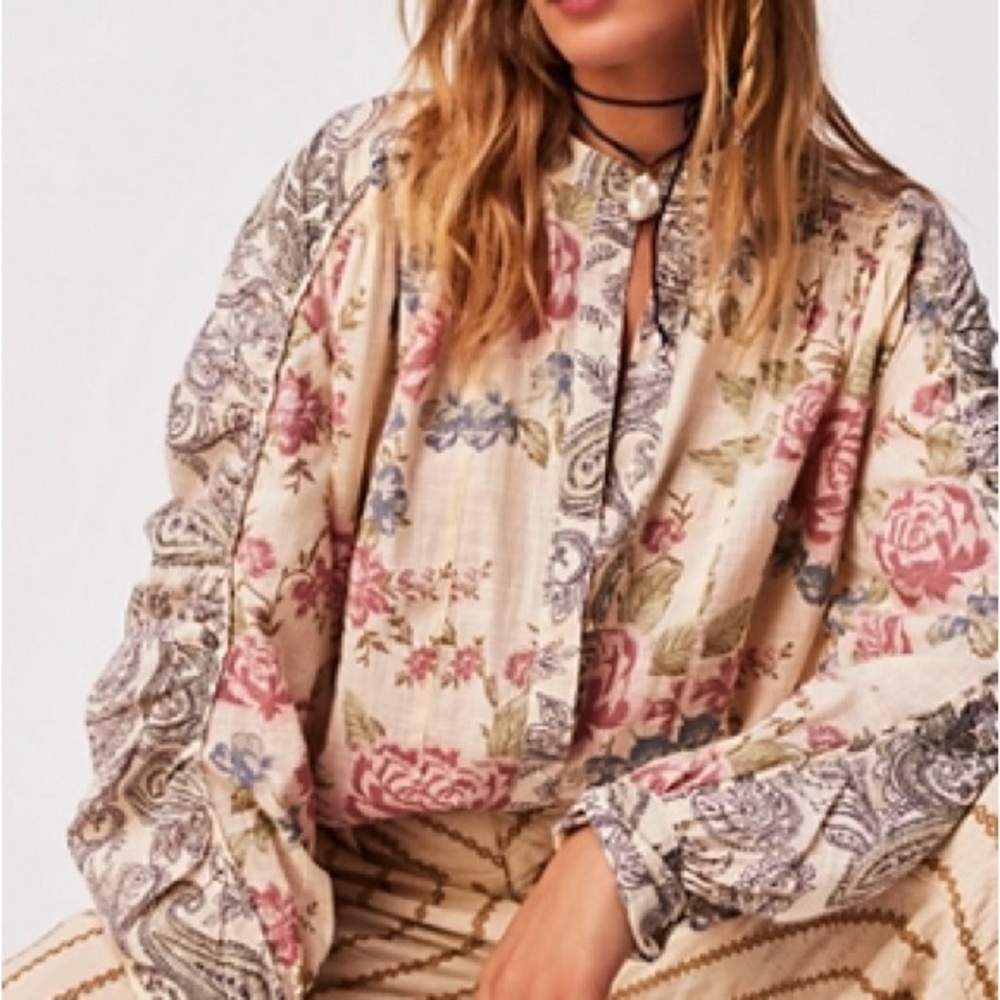 Free People Floral Blouse in Pink and Cream